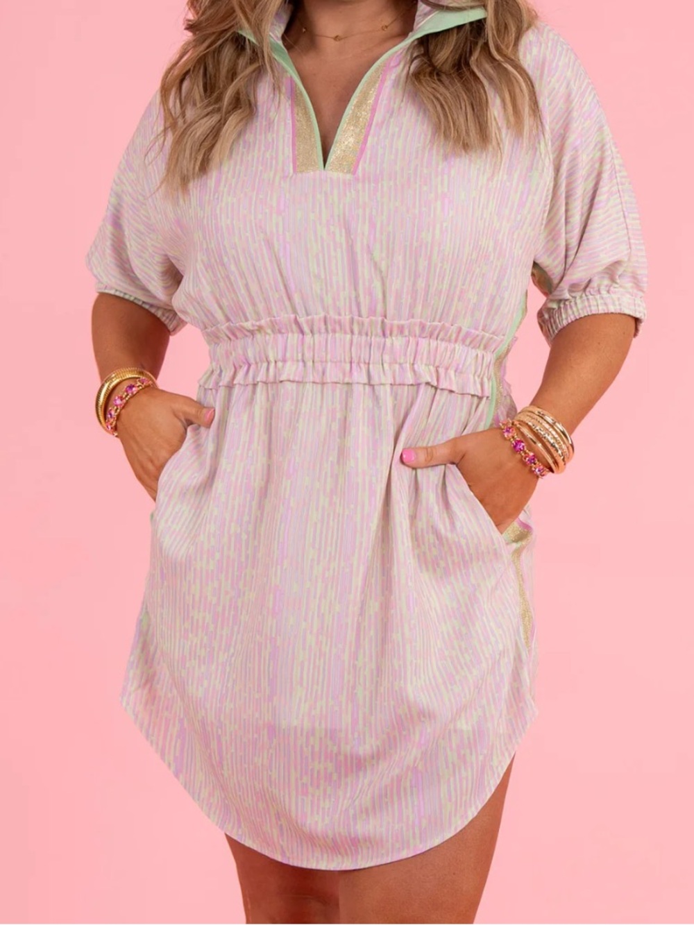 Emily McCarthy Pink purple Striped Ruffled Waist Dress with gold accents